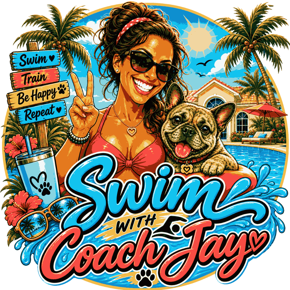 Swim with Coach Jay — Coach Jay in sunglasses with her French bulldog by a sunny Florida pool