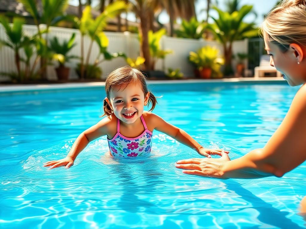 A young girl practicing kicks in a sunny pool with her coach's supportive hands nearby