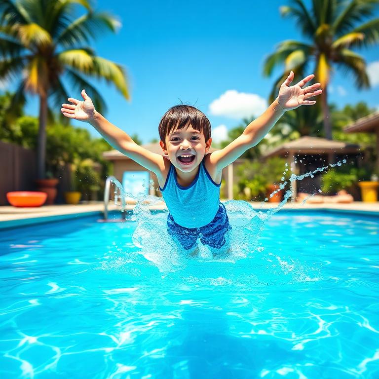 A joyful boy mid-jump into a sparkling backyard pool with a big splash