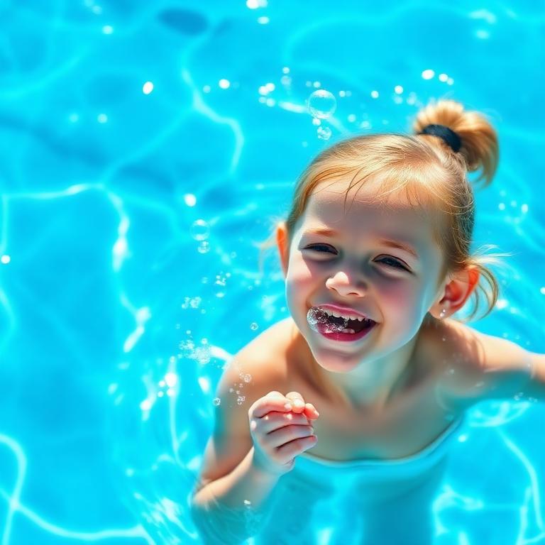 A happy little girl blowing bubbles at the surface of a sunny pool